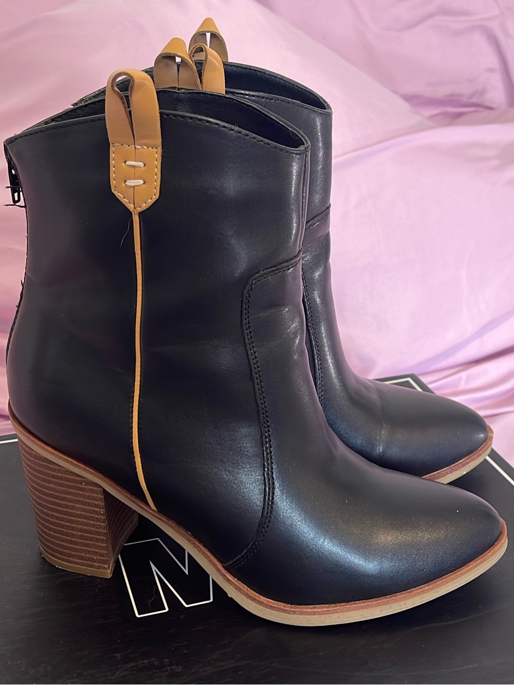 MIA Black Leather Ankle Boots with Tan Pull Tabs